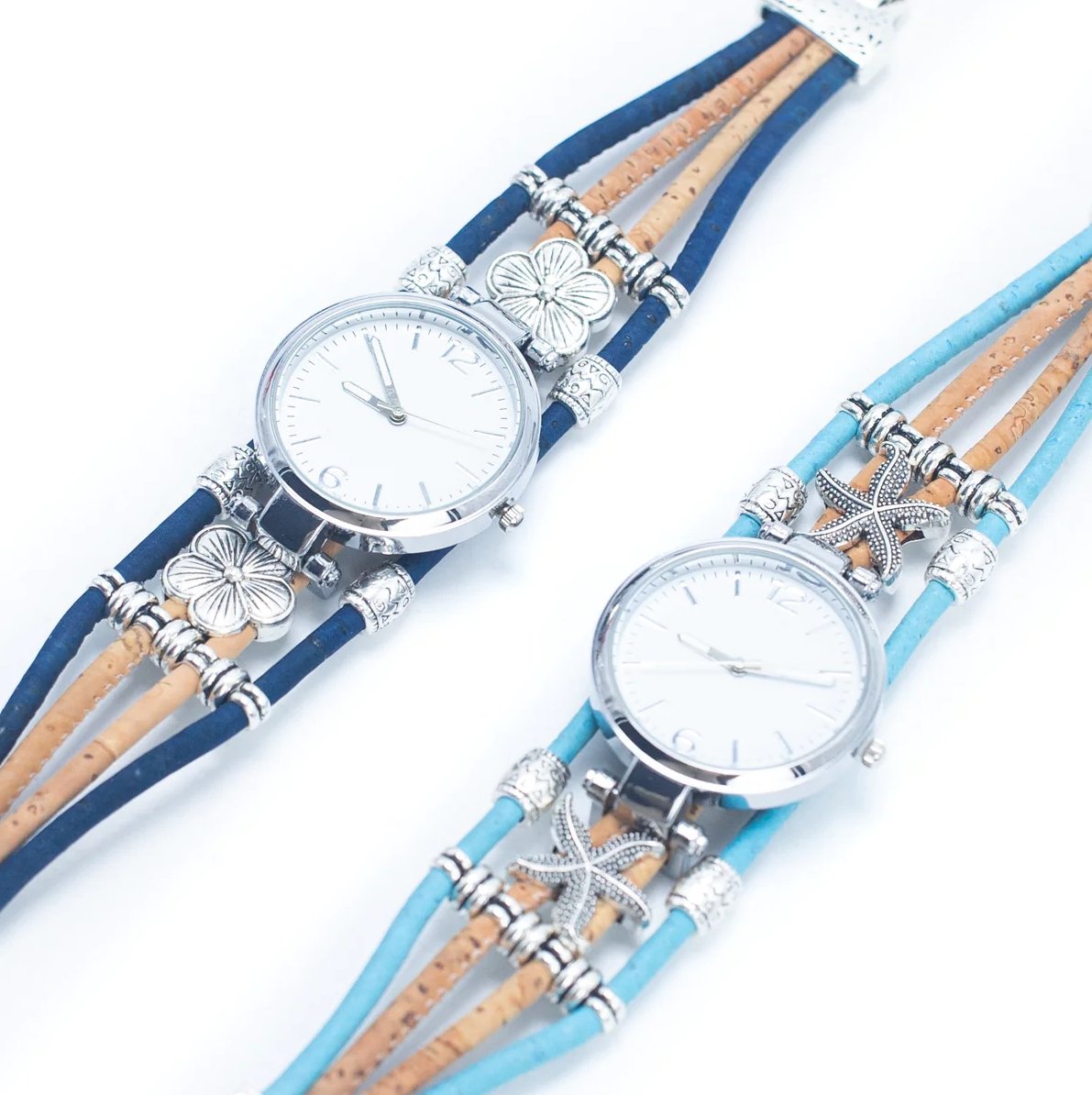 Kork Armbanduhr - Variation Blau - wood stud - Holzohrringe - Holzschmuck und mehr